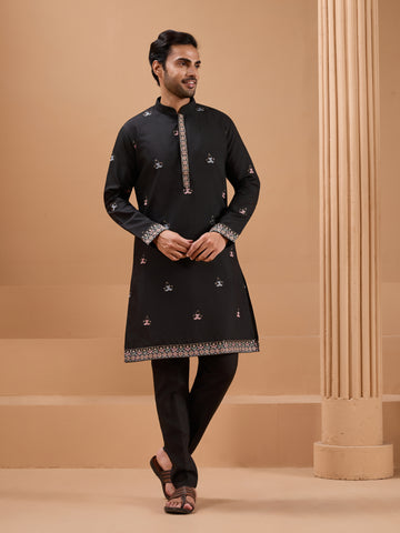Black Color Embroidered and Sequence Mens Kurta Jacket and Pant Set