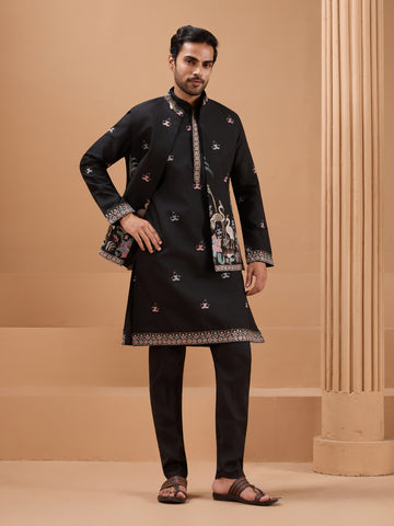 Black Color Embroidered and Sequence Mens Kurta Jacket and Pant Set