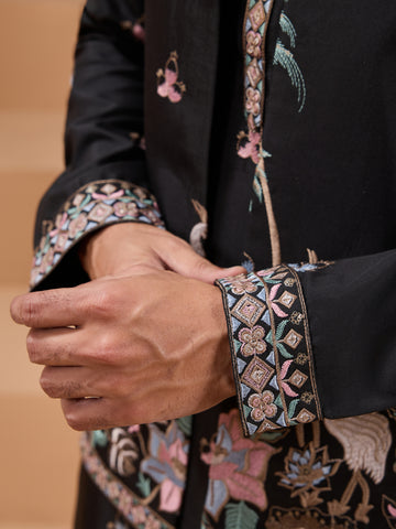 Black Color Embroidered and Sequence Mens Kurta Jacket and Pant Set