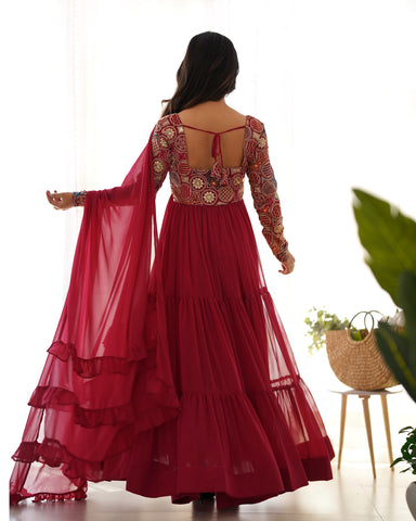 Maroon Pure Fox Georgette Anarkali Suit with Dupatta & Pant