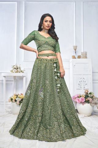 Royal Green Net Lehenga Set with Peacock & Paisley Work
