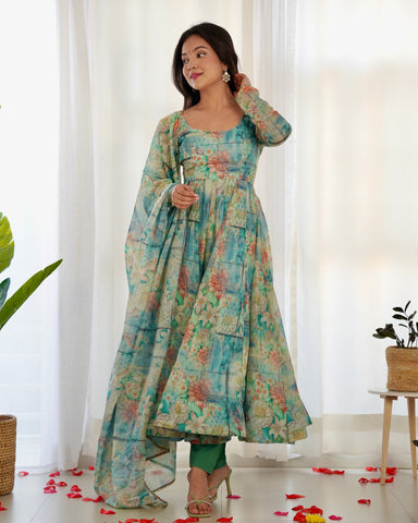 Digitally Printed Pure Organza Anarkali Suit With Huge Flair Comes With Duppatta & Pant