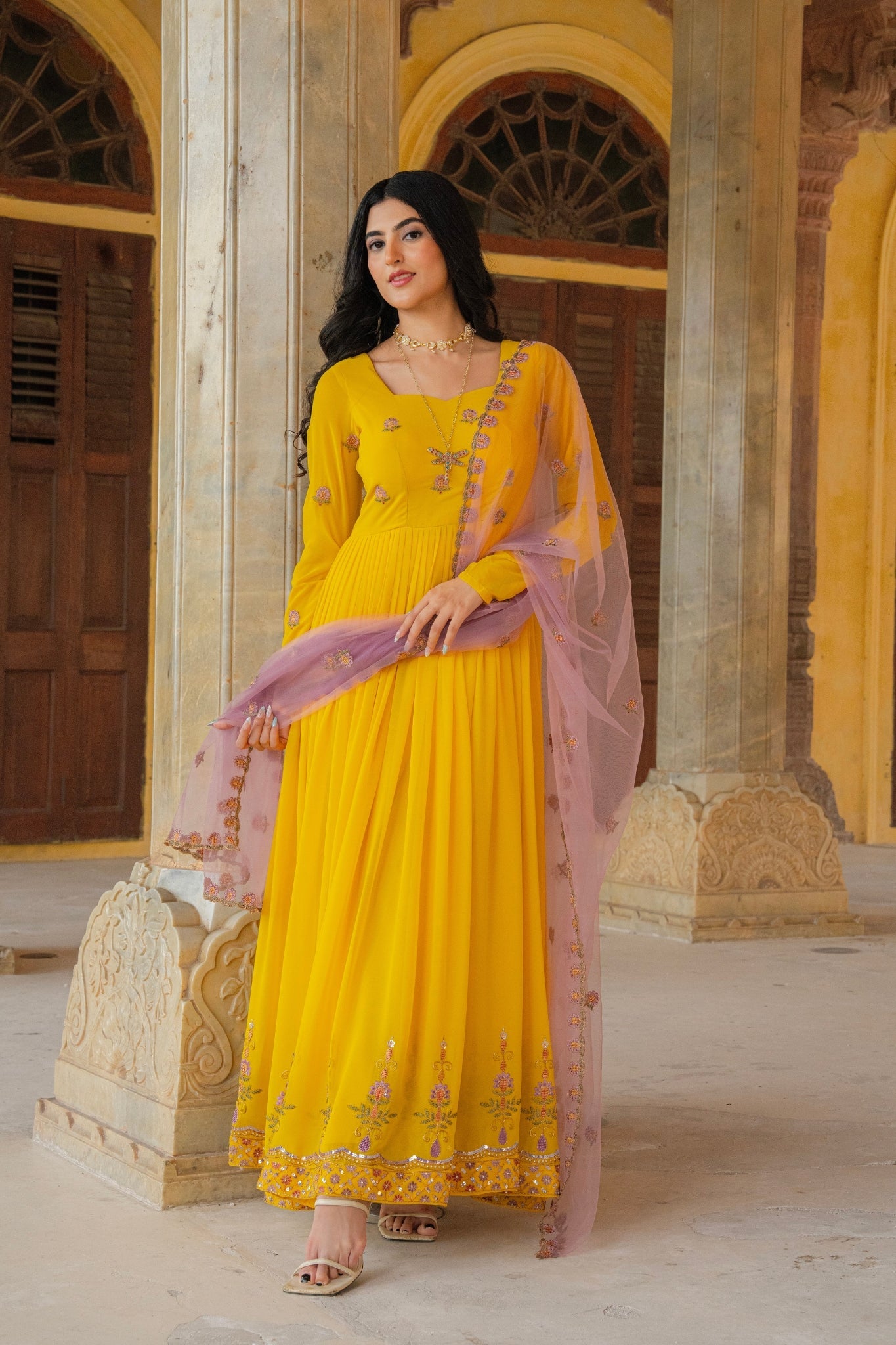 Radiant Yellow Embroidered Georgette Anarkali Gown With Contrasting Dupatta