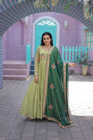 The Beauty of Georgette Embroidered Threadwork Gown with Dupatta