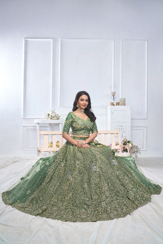 Royal Green Net Lehenga Set with Peacock & Paisley Work