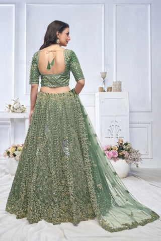 Royal Green Net Lehenga Set with Peacock & Paisley Work
