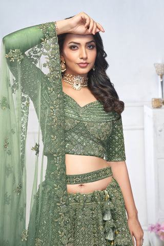 Royal Green Net Lehenga Set with Peacock & Paisley Work