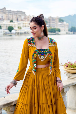 Pure Rayon Mirror Gamthi Work Navratri Lehenga Choli Set