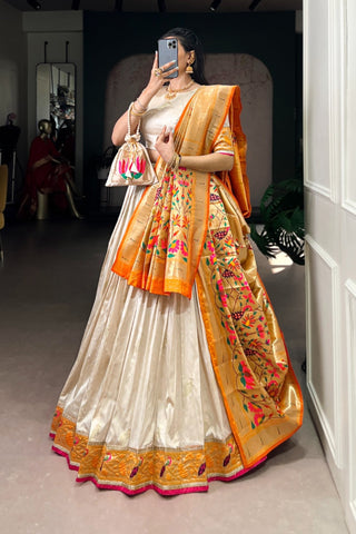 Designer Silk Paithani Lehenga Choli Set With Zari Weaving