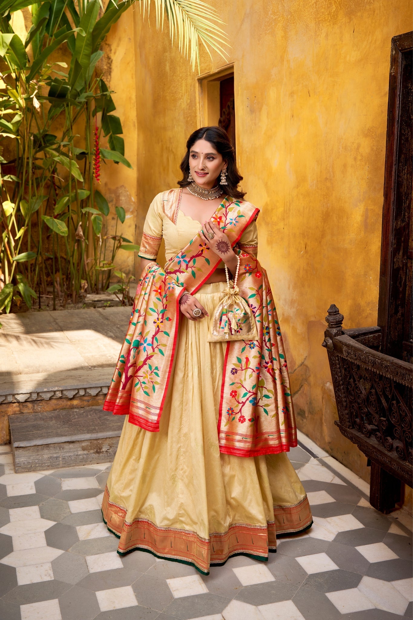 Designer Silk Paithani Lehenga Choli Set With Zari Weaving