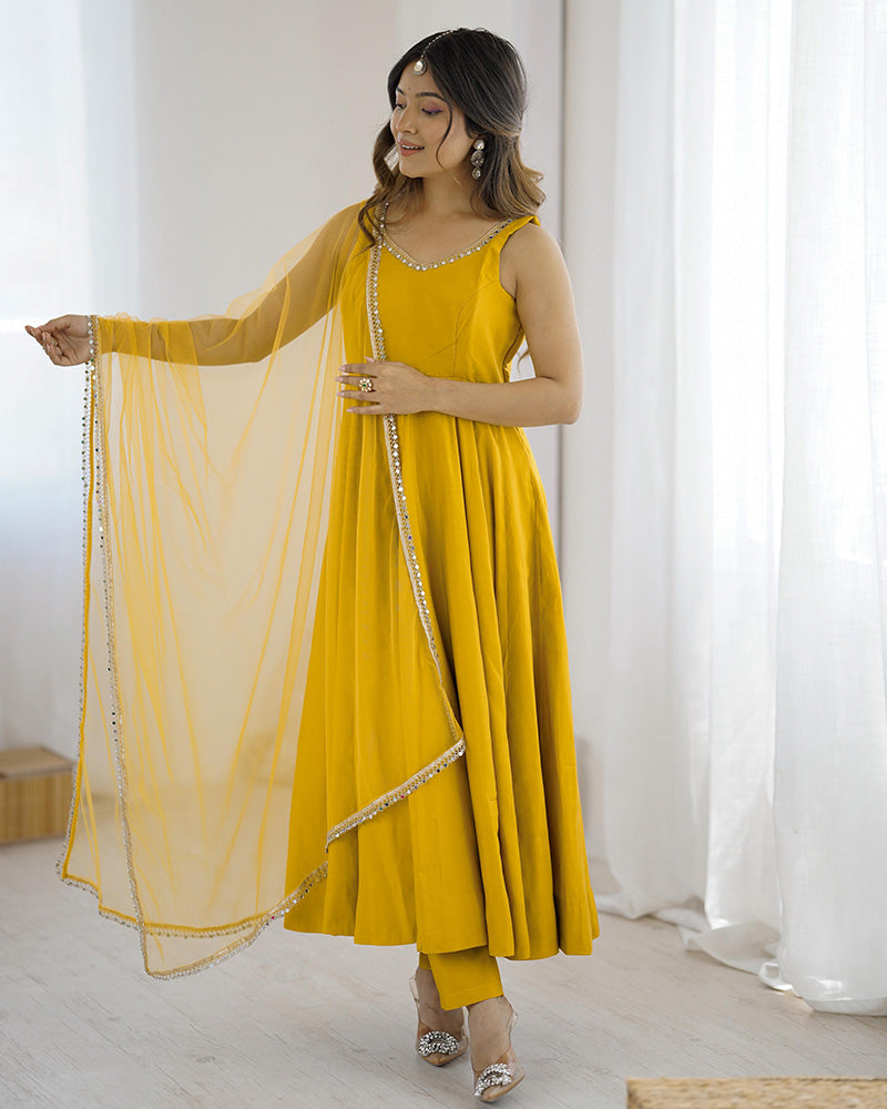 Yellow Color Chanderi Pure Roman Silk Anarkali Suit