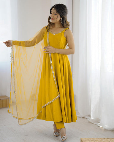 Yellow Color Chanderi Pure Roman Silk Anarkali Suit