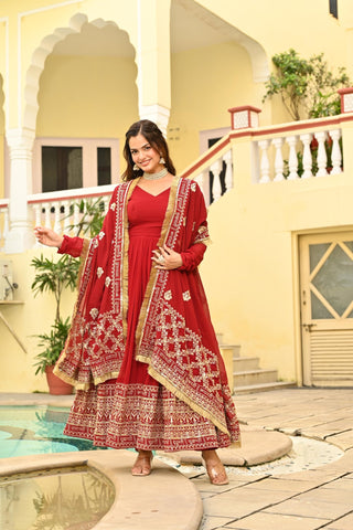 Red Embroidered Wedding Gown With Dupatta
