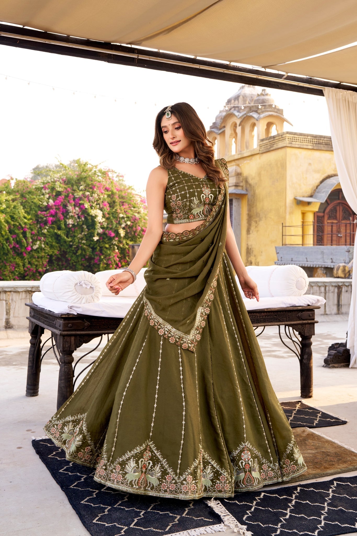 Regal Olive Green Embroidered Bridesmaid Lehenga Choli