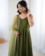 Mehndi Color Chanderi Pure Roman Silk Anarkali Suit