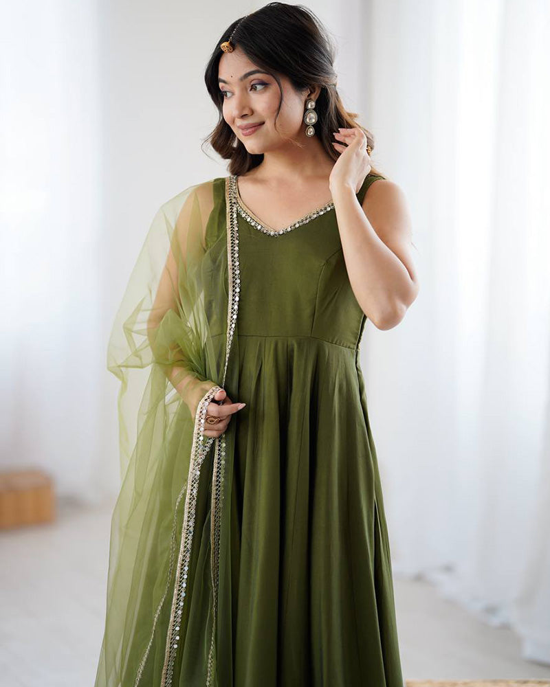 Mehndi Color Chanderi Pure Roman Silk Anarkali Suit