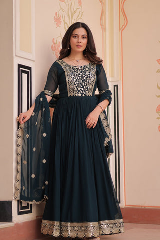 Embroidery Zari Sequins Work Designer Gown With Dupatta Set