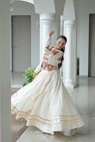 Off White Cotton Kutchi Gamthi Work With Gota Patti Lace Touch up Navratri Designer Lehenga choli