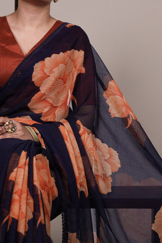 Floral Chiffon Saree With Lace Border Explore Acriine Ethnic Collection