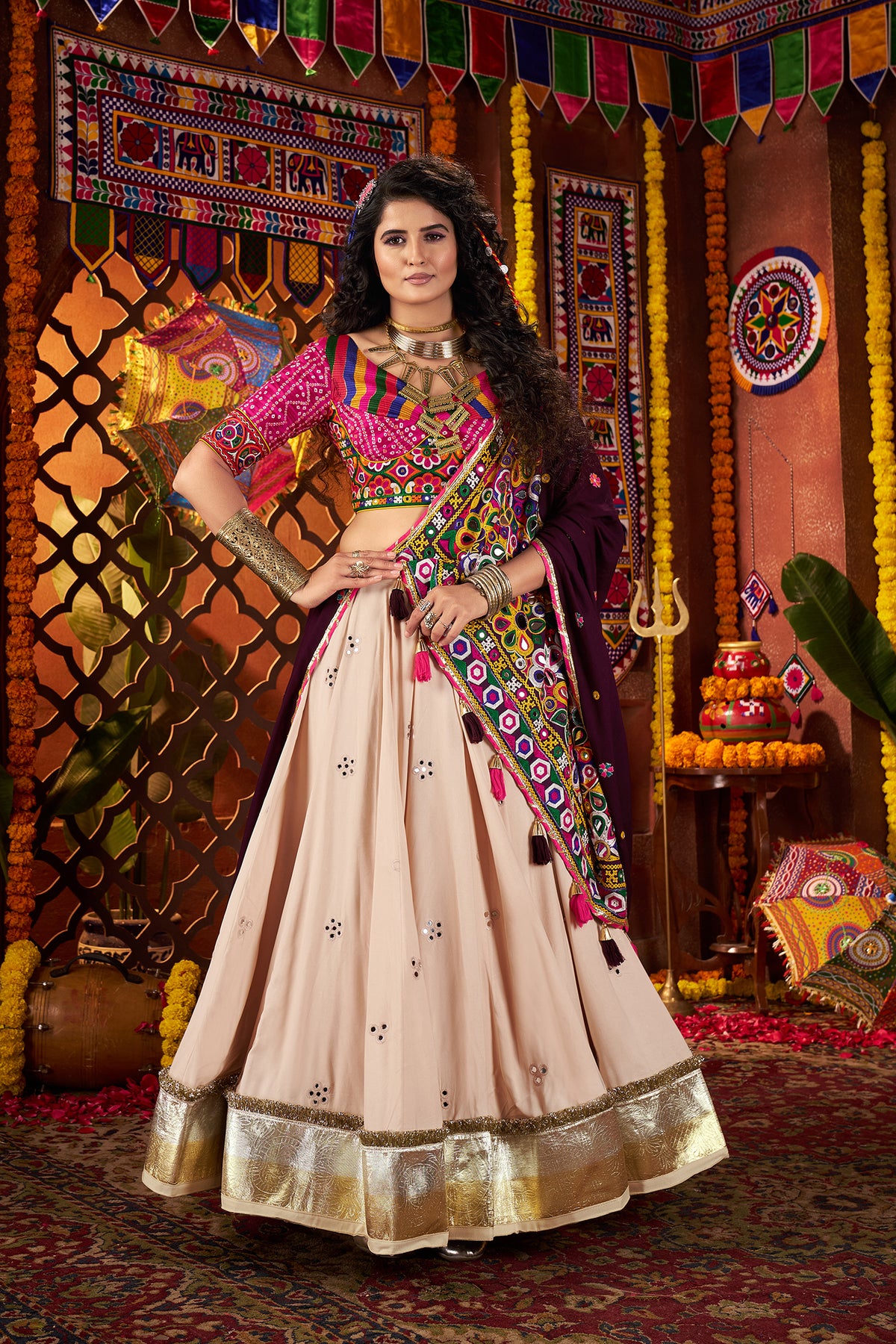 Stunning Off White Mirror Work Chaniya Choli for Navratri