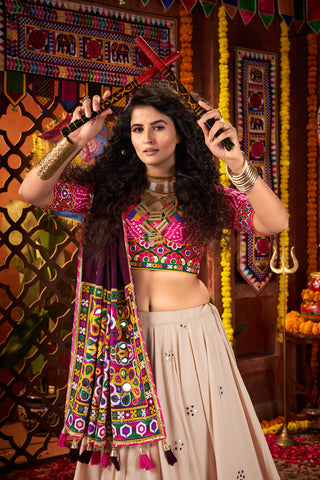 Stunning Off White Mirror Work Chaniya Choli for Navratri