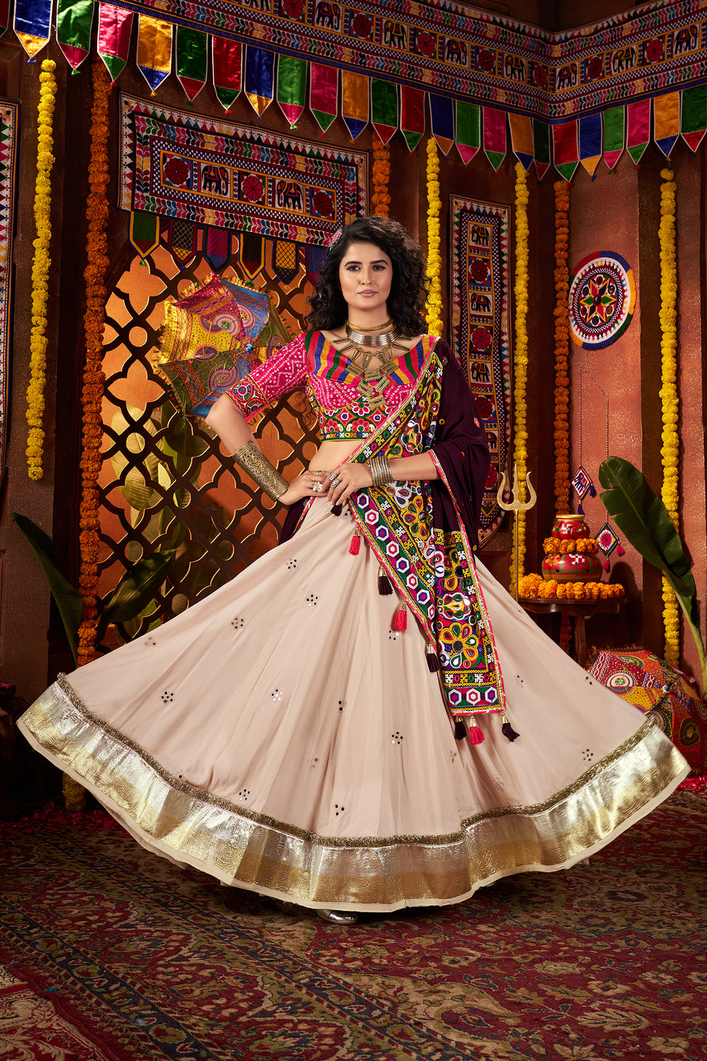 Stunning Off White Mirror Work Chaniya Choli for Navratri