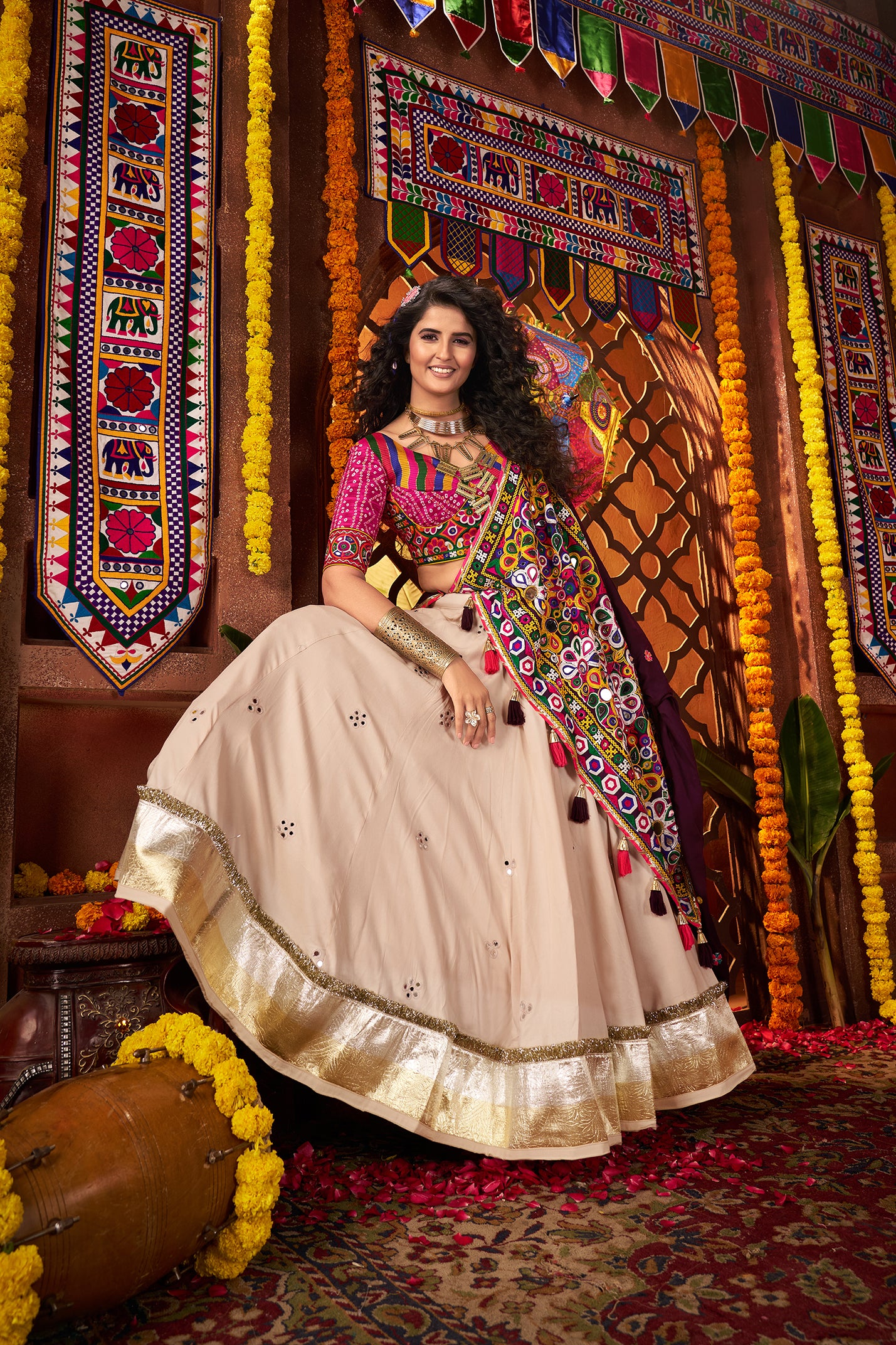 Stunning Off White Mirror Work Chaniya Choli for Navratri