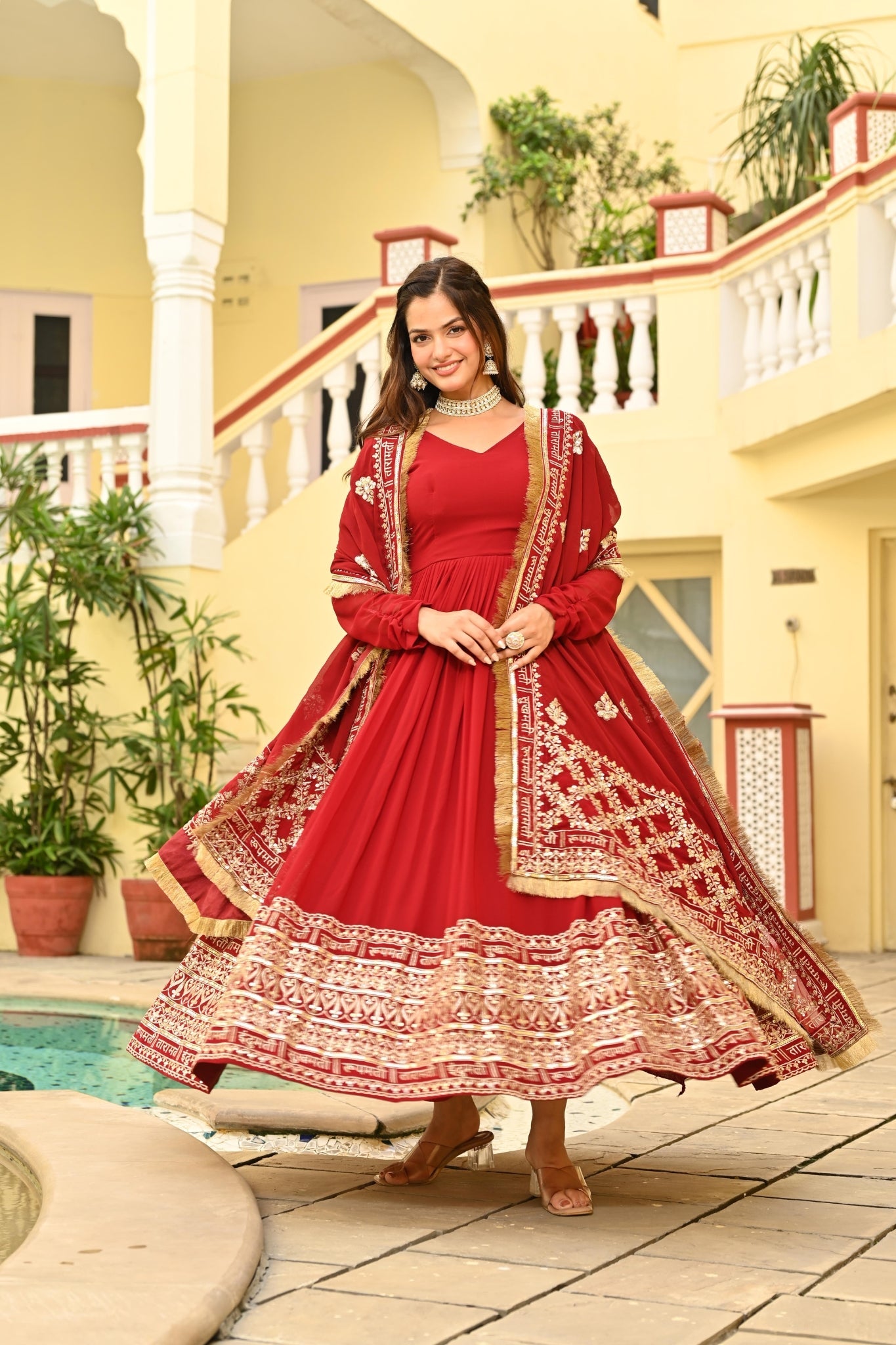 Red Embroidered Wedding Gown With Dupatta