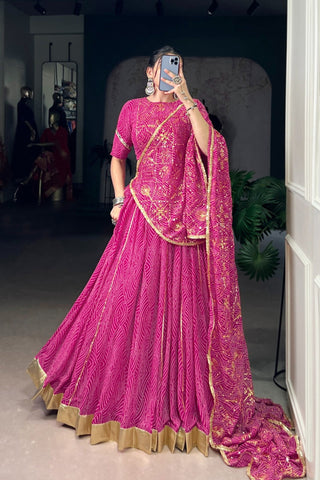 Vibrant Bandhej Print Designer Georgette With Mirror Work Lehenga Choli Set For Wedding And Navratri