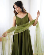 Mehndi Color Chanderi Pure Roman Silk Anarkali Suit