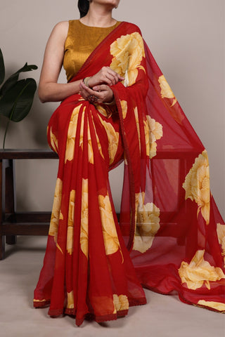 Floral Chiffon Saree With Lace Border Explore Acriine Ethnic Collection