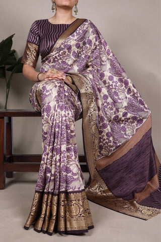 Tasar Silk Printed With Viscose Border Beautiful Saree