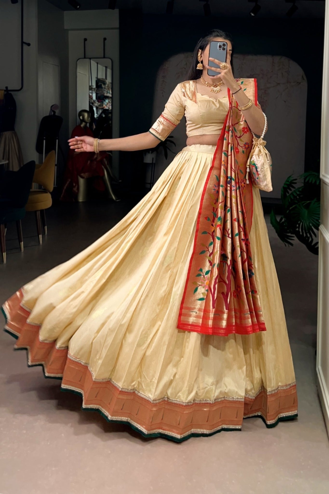 Designer Silk Paithani Lehenga Choli Set With Zari Weaving