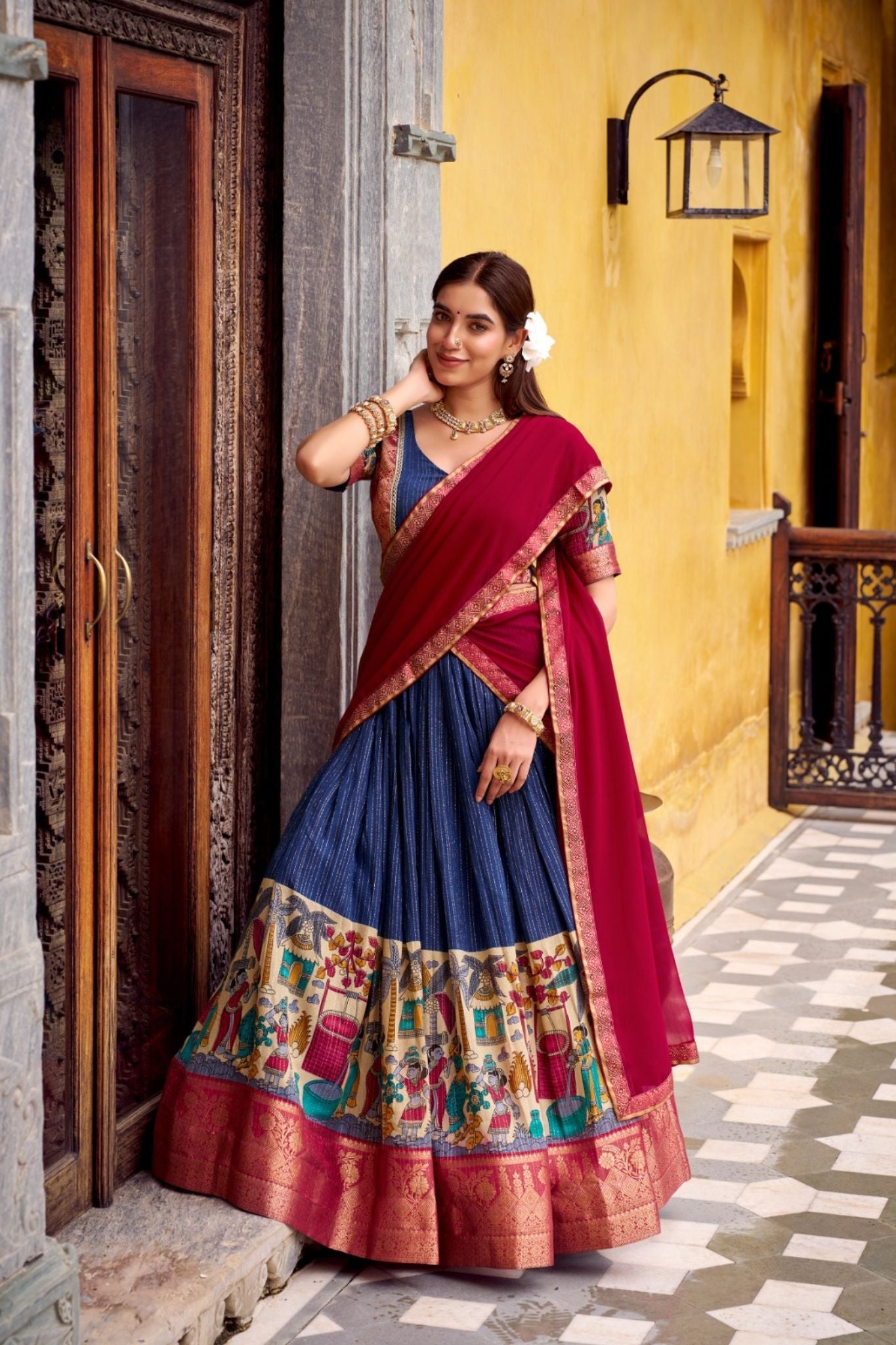 Poly Chanderi Kalamkari Printed Zari Weaving Work Premium Lehenga Choli
