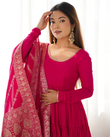 Pink Roman Silk Chanderi Fabric Fully Flared Anarkali Suit With Pent and Dupatta Set