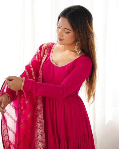 Pink Roman Silk Chanderi Fabric Fully Flared Anarkali Suit With Pent and Dupatta Set