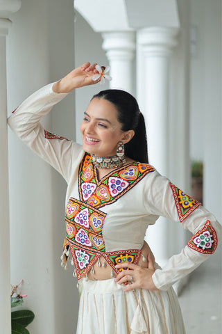 Off White Cotton Kutchi Gamthi Work With Gota Patti Lace Touch up Navratri Designer Lehenga choli