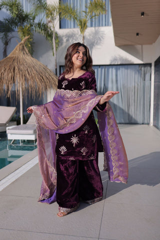 Royal Plum Ice Velvet Zari Embroidered Kurta Palazzo Set With Designer Dupatta