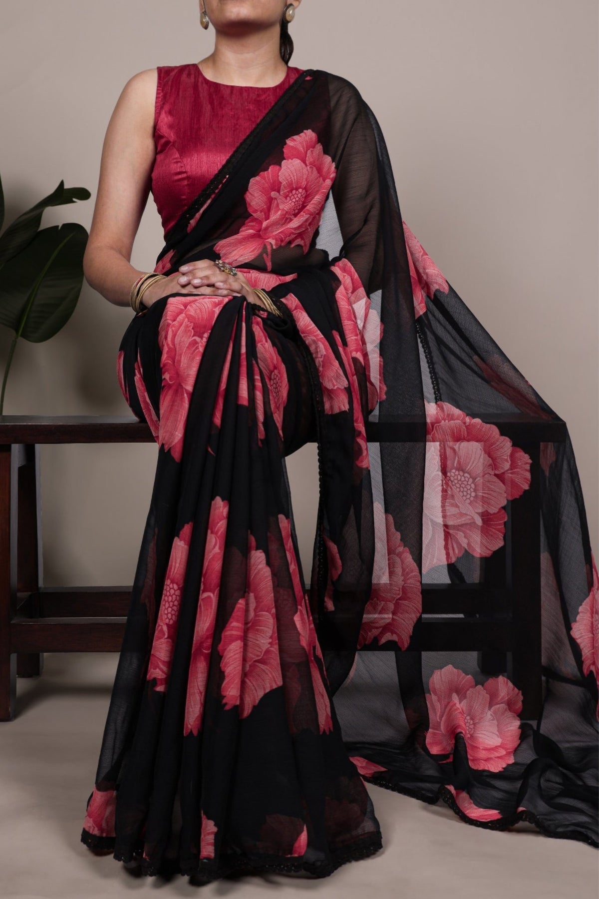 Floral Chiffon Saree With Lace Border Explore Acriine Ethnic Collection