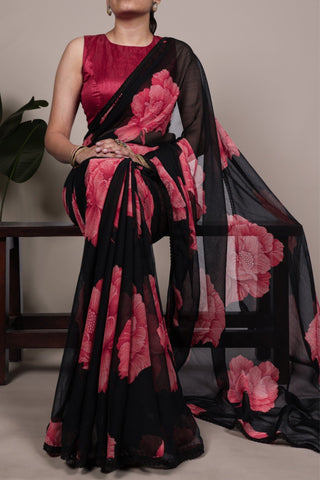 Floral Chiffon Saree With Lace Border Explore Acriine Ethnic Collection