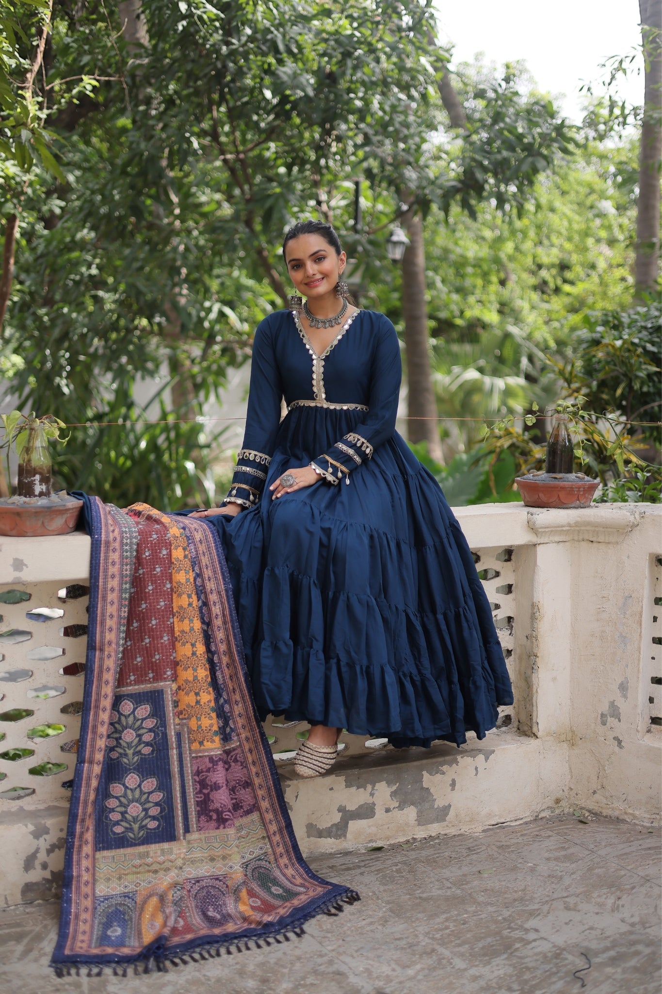 Beautiful Frill Stitching Designer Festival And Wedding Gown And Dupatta Set