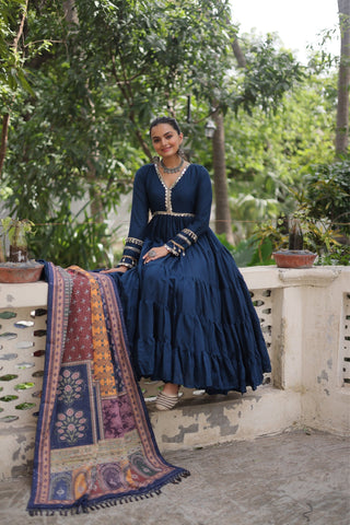 Beautiful Frill Stitching Designer Festival And Wedding Gown And Dupatta Set