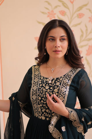 Embroidery Zari Sequins Work Designer Gown With Dupatta Set