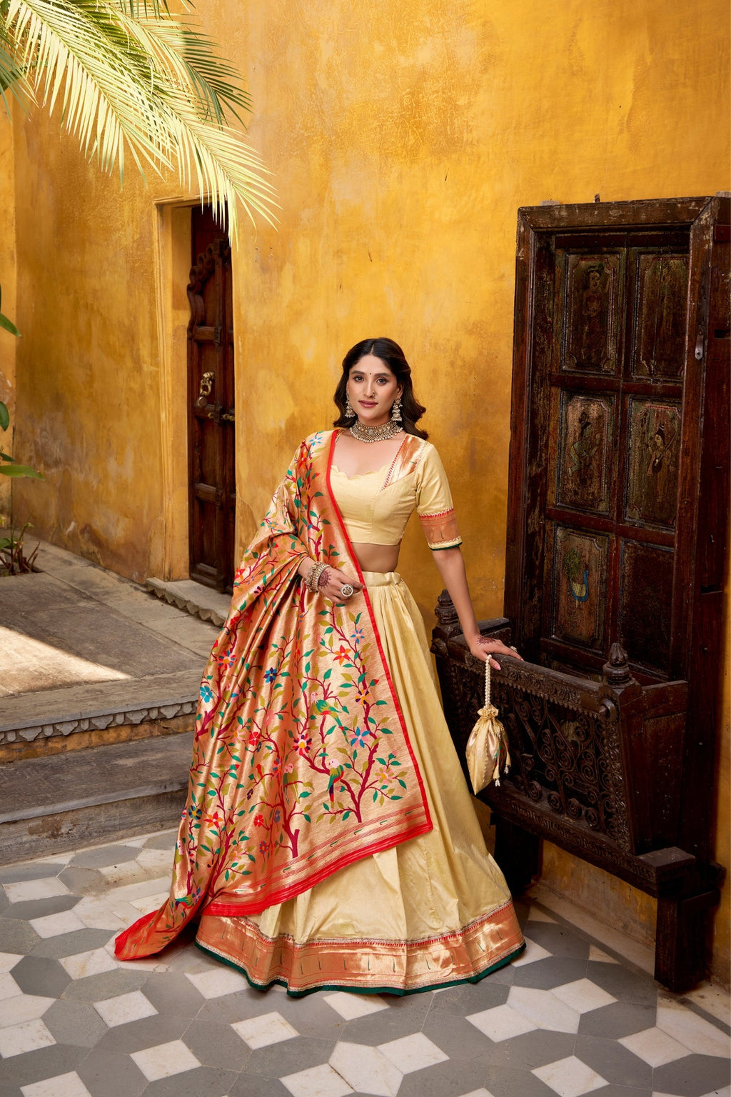 Designer Silk Paithani Lehenga Choli Set With Zari Weaving