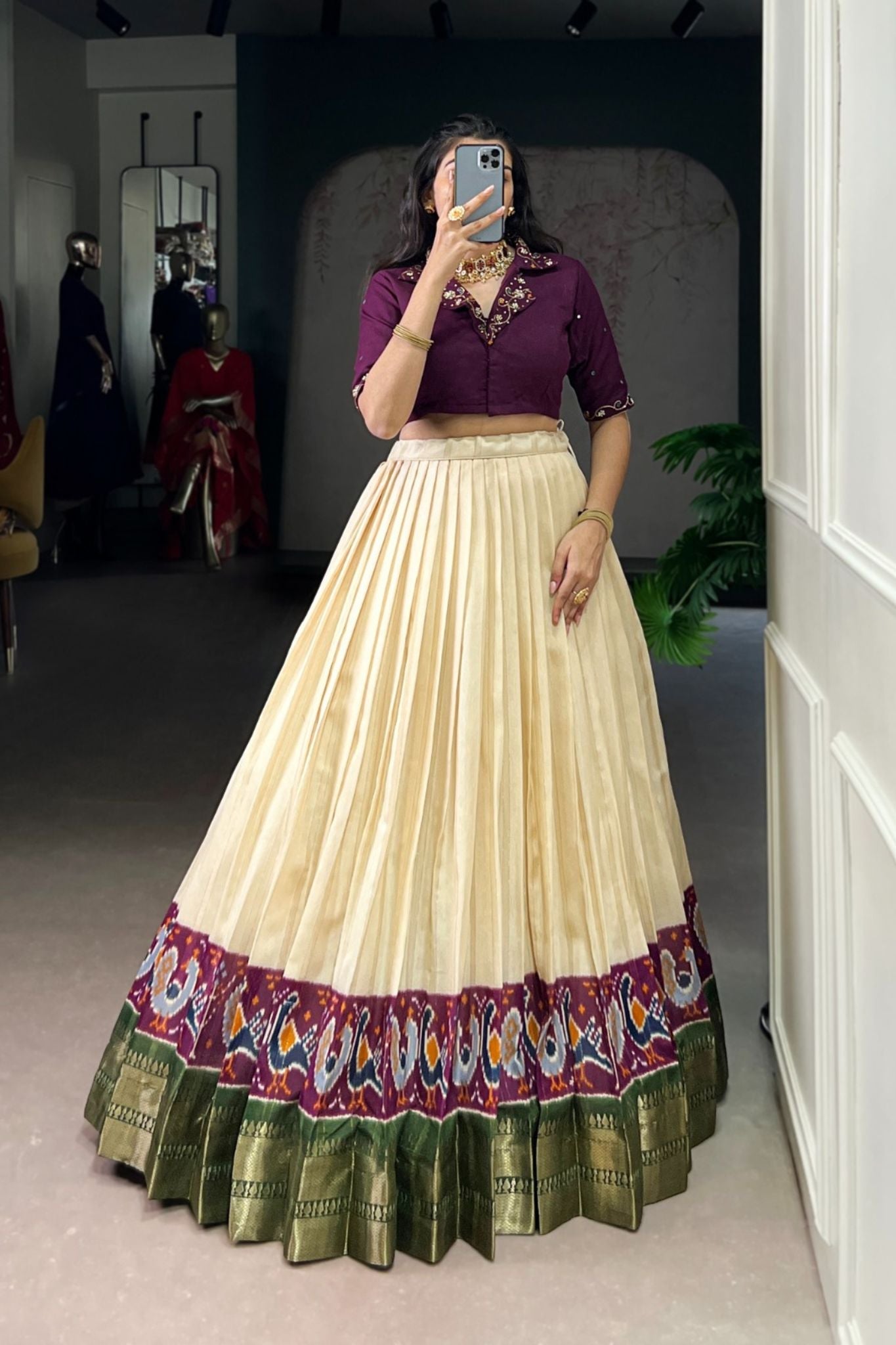 Ready-to-Wear Zari Woven Poly-Cotton Lehenga with Hand-Embroidered Cotton Blouse