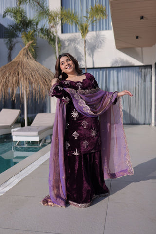 Royal Plum Ice Velvet Zari Embroidered Kurta Palazzo Set With Designer Dupatta