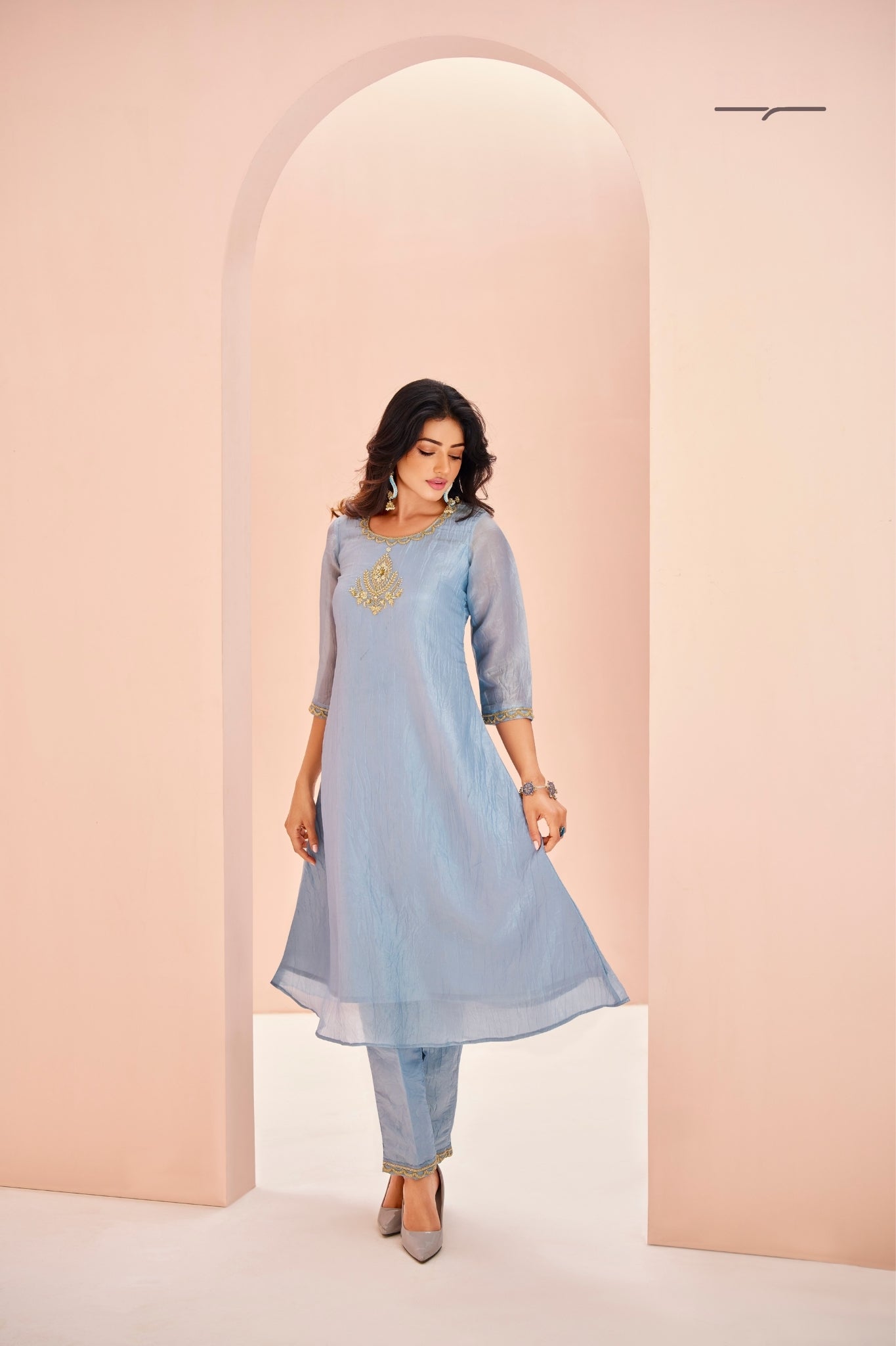 Teal Aura Hand Embroidered Organza Co Ord Set