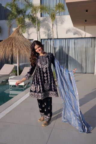 Luxury Designer Velvet Zari Embroidered Suit Set With Fendi Dupatta