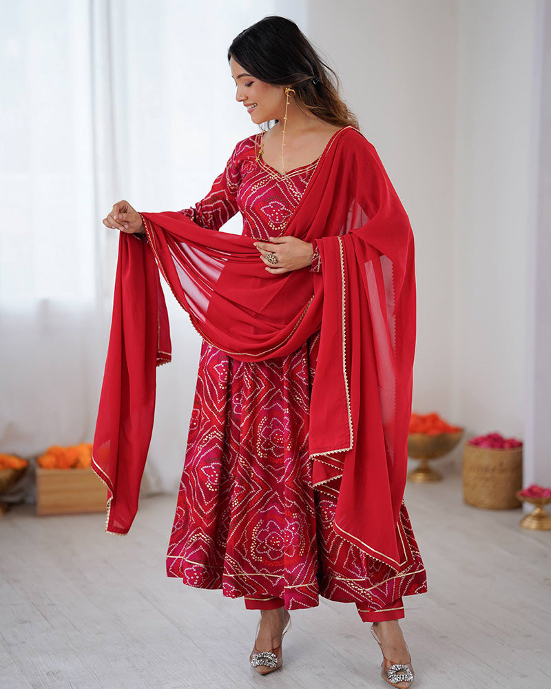Dark Rani Pink Color Viscose Rayon Bandhej Print Anarkali Suit