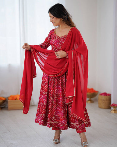 Dark Rani Pink Color Viscose Rayon Bandhej Print Anarkali Suit
